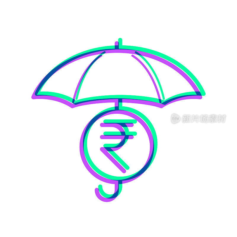 伞下的印度卢比硬币。图标与两种颜色叠加在白色背景上