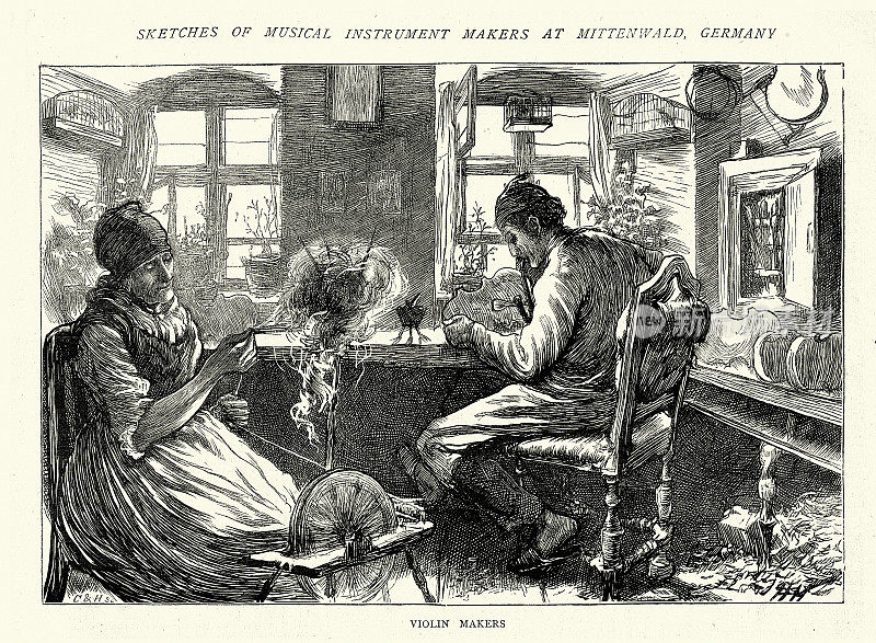 19世纪19世纪70年代,德国巴伐利亚,米滕瓦尔德小提琴制造商在他们的工作室里