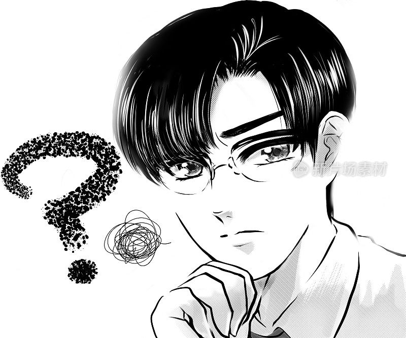 黑白漫画风格的插图，一个英俊的年轻医生，深色头发，戴着眼镜，看起来多疑。