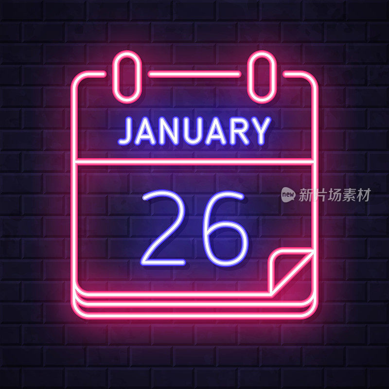 1月26日。在砖墙背景上发光的霓虹灯图标