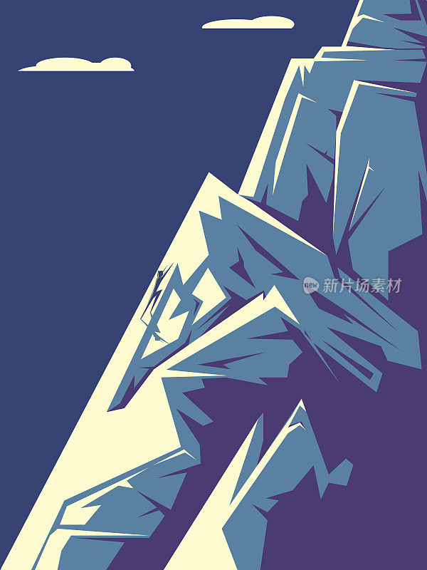 一个人攀登山峰的概念性插图。克服困难,成长发展,取得成功的理念。