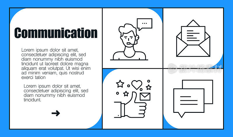 通信线路图标集和横幅设计。电话，传真，聊天，电子邮件，短信