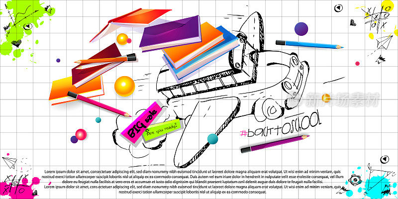 以蒸汽朋克卡通风格的学校教育理念。彩色铅笔上画着一辆飞行的巴士，白色的背景是一个有斑点的格子记事本。时尚的销售模板与地方的文字。