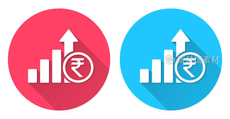 印度卢比汇率上升。圆形图标与长阴影在红色或蓝色的背景