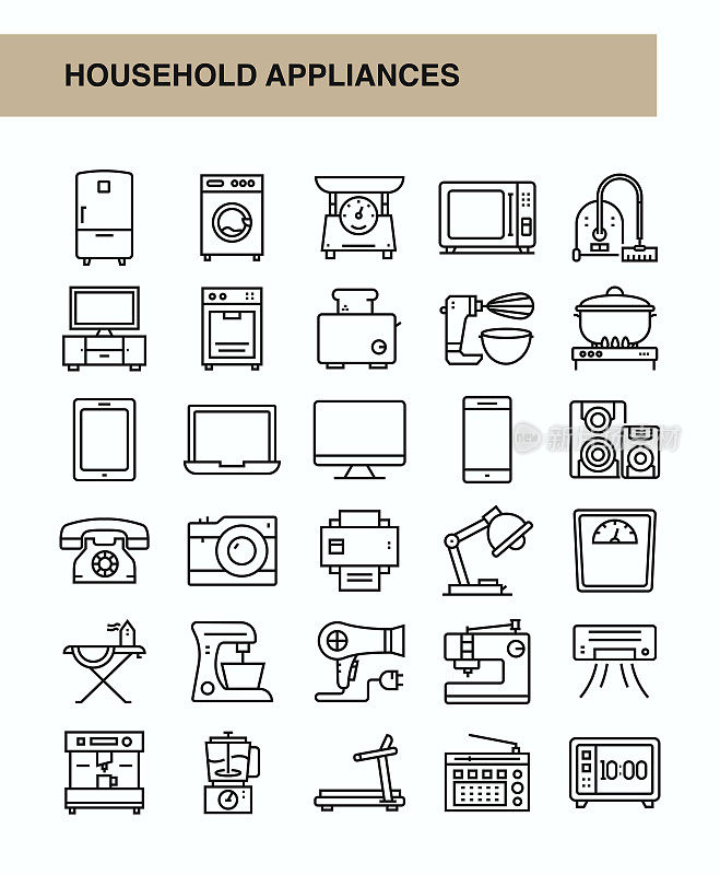 家用电器细线矢量图标集。设计是可编辑的,颜色可以改变。矢量创意图标集:微波炉,烤箱,冰箱,搅拌机,厨房,咖啡-饮料。