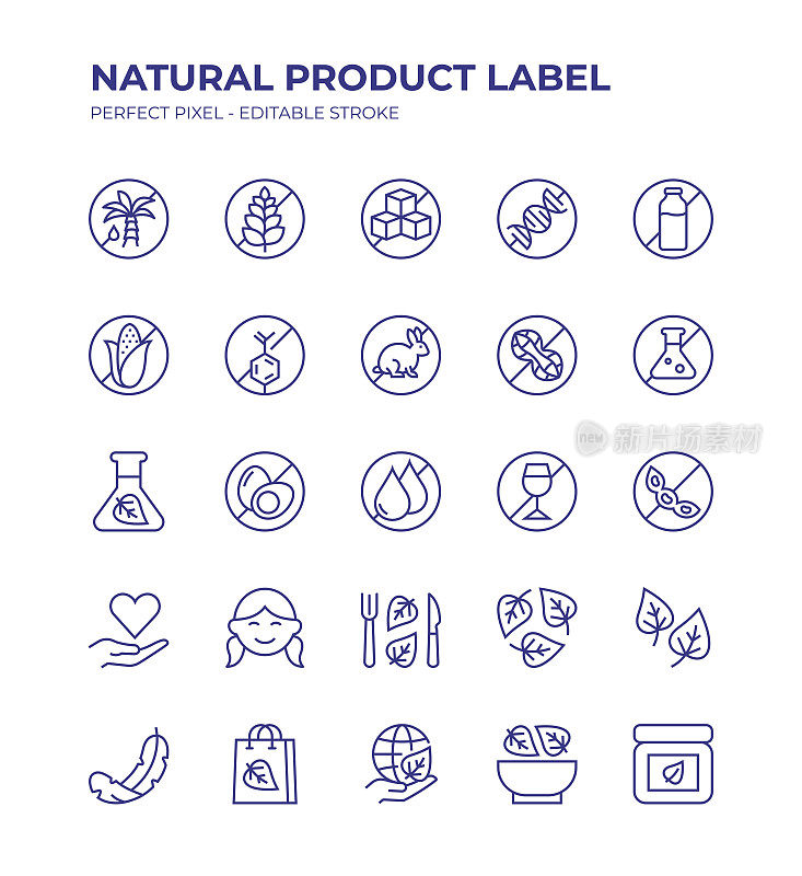 天然产品标签可编辑线图标集包含诸如无麸质，无残忍，无糖，动物试验，无乳糖等图标