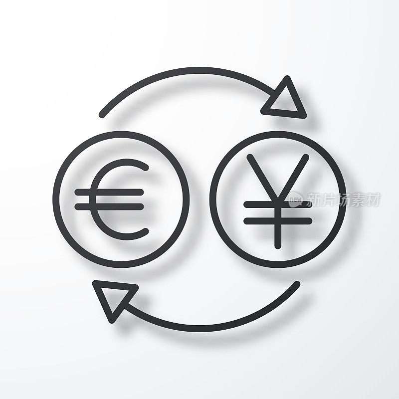 货币兑换-欧元日元。线图标与阴影在白色背景