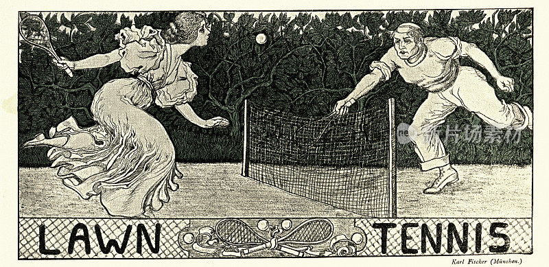 复古插图，男子和女子打草地网球，青年风格，新艺术风格，19世纪90年代。
