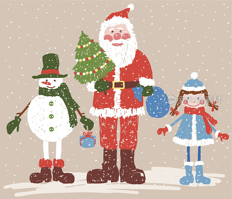 圣诞老人，雪姑娘和雪人