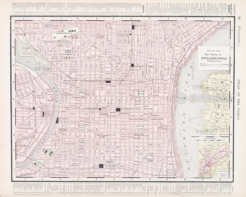美国宾夕法尼亚州费城的详细复古颜色城市街道地图