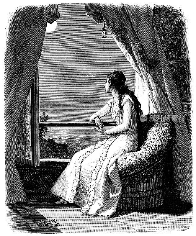 一幅古色古香的女人向窗外张望的插图