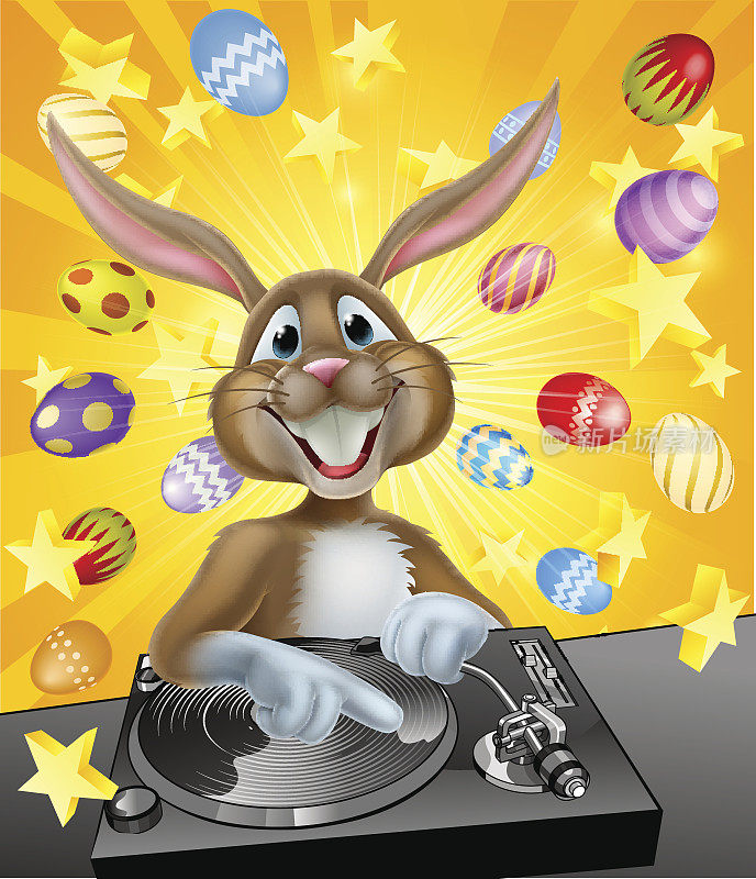 带着彩蛋和星星的复活节兔子DJ