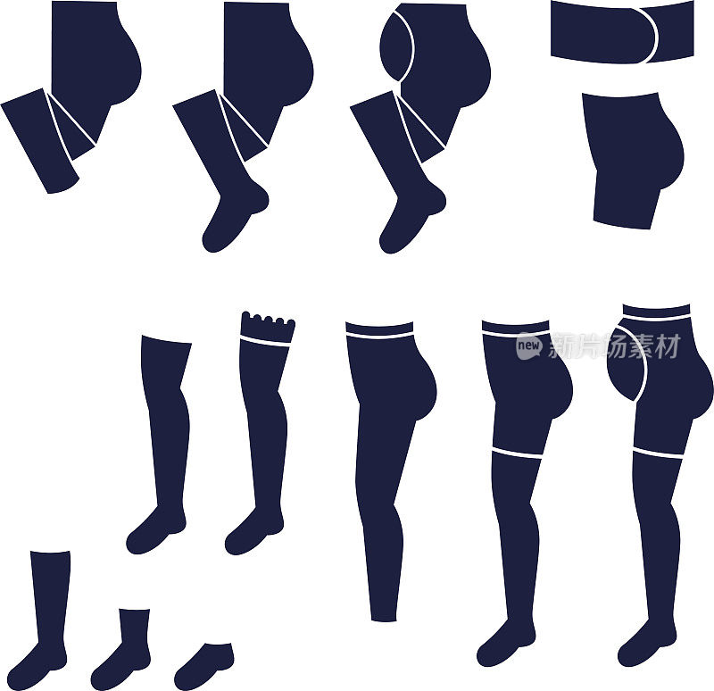 不同类型的女性短袜，紧身袜和长袜