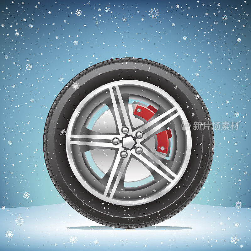 雪地背景上的冬季轮胎