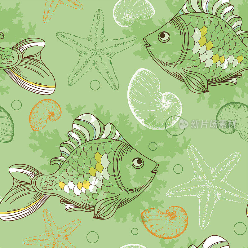 热带鱼和贝壳的无缝图案