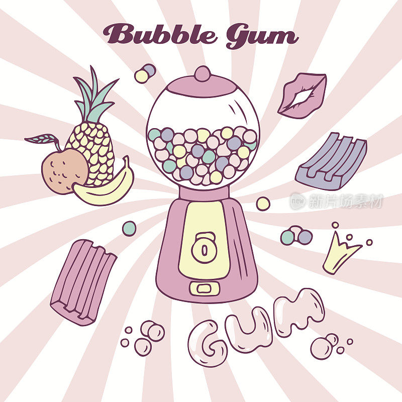 手绘泡泡糖机与口香糖，泡泡糖和手写的标志。糖果色背景