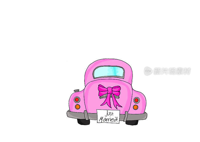 刚刚结婚，粉红色的车和领结