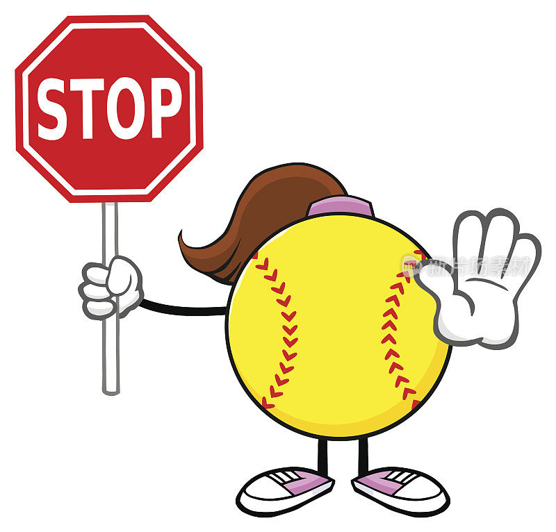 垒球女孩无脸卡通吉祥物人物手势和持有一个停止标志