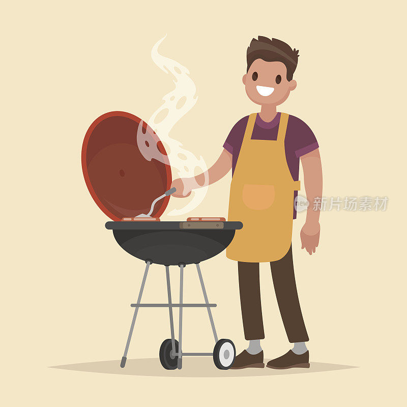 男人正在烧烧烤架。把肉和香肠放在火上煎。矢量图