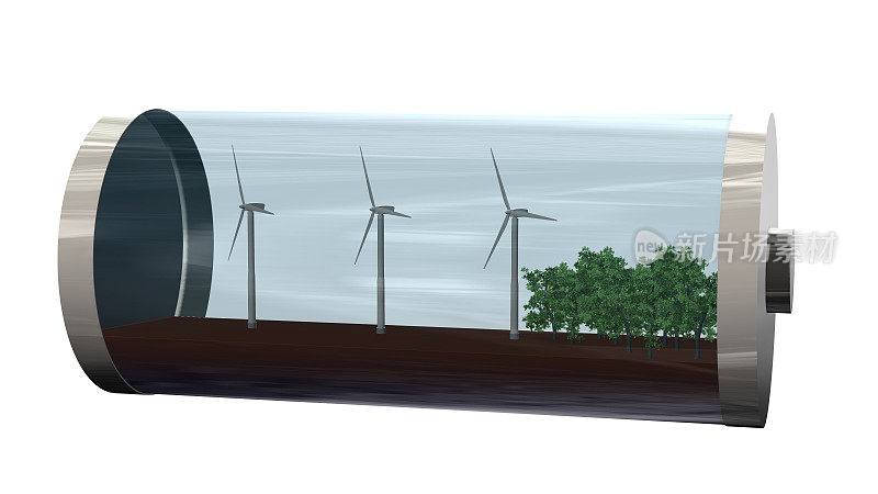 绿色能源-电池与树木和风车内-孤立的白色