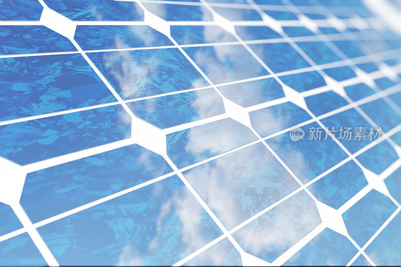 3D插图太阳能电池板反射阳光天空。可再生能源光伏组件的背景。