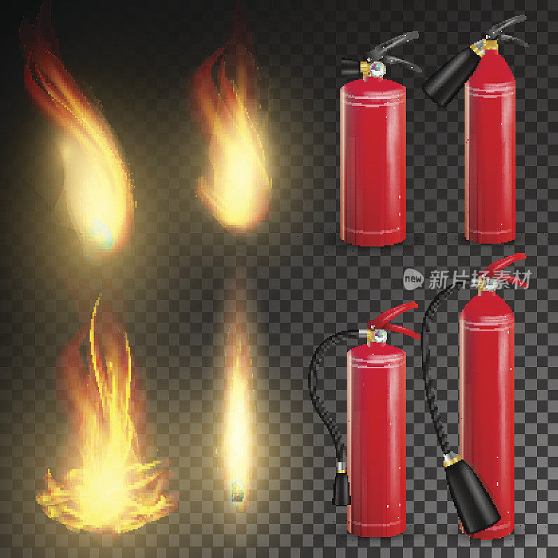 灭火器向量。标志三维逼真的火焰火焰和红色灭火器。透明背景说明