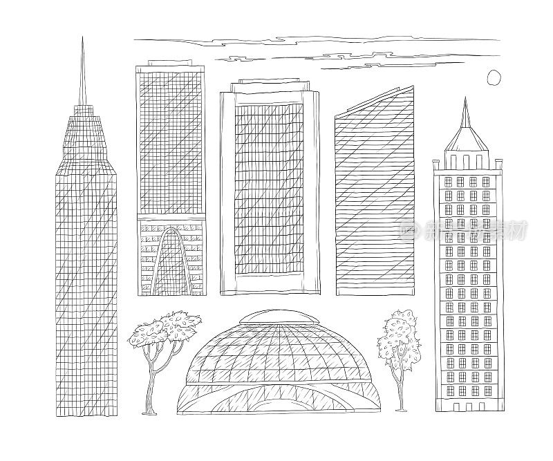 高层城市办公和公共建筑的矢量黑白速写插图。一套绘制现代大都市摩天大楼、树木和云彩线条的工具