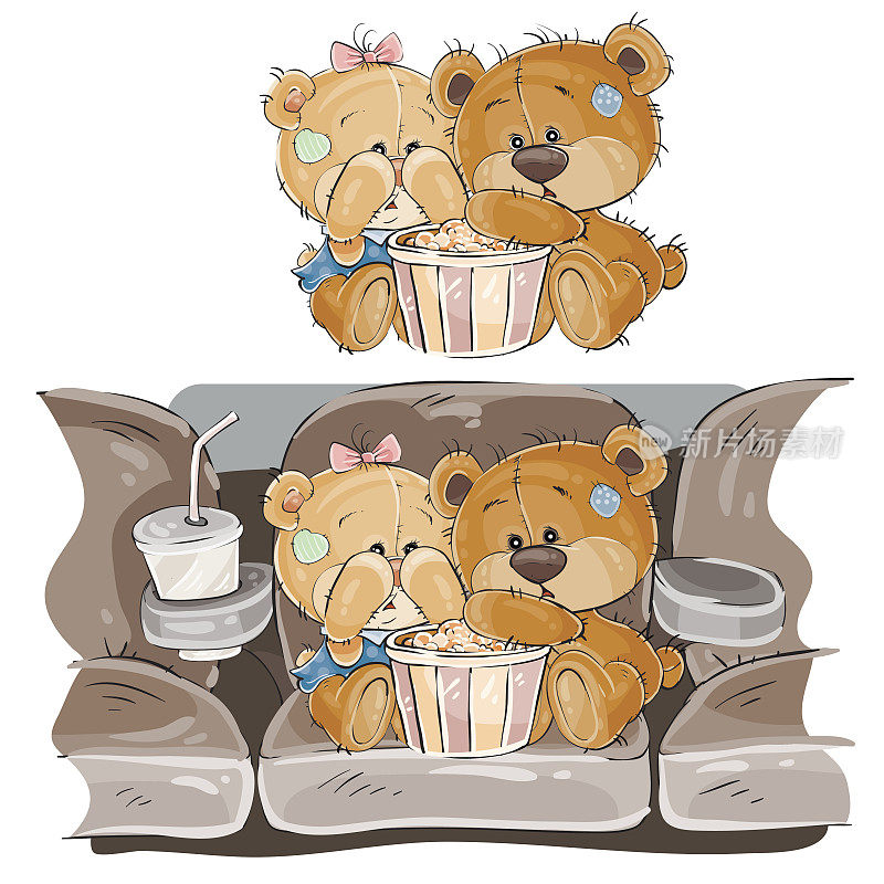 矢量插图一对棕色泰迪熊坐在电影院大厅和看电影