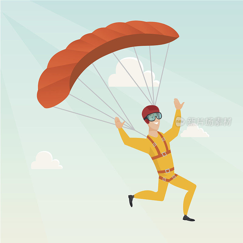 年轻的白人跳伞运动员用降落伞飞行
