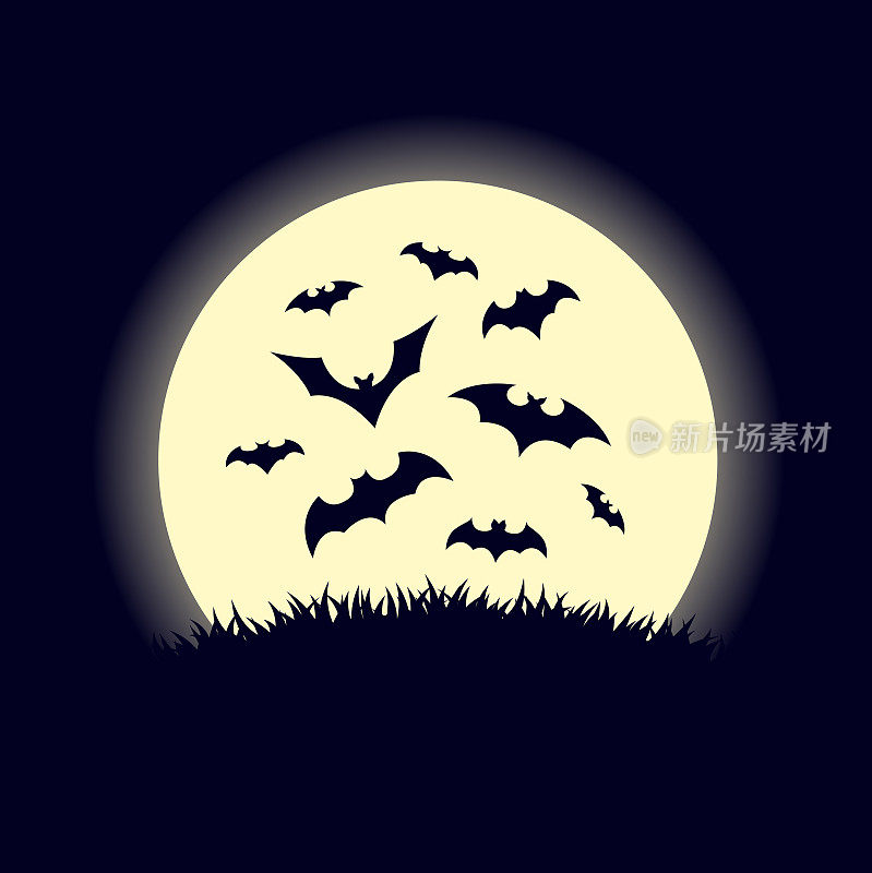 满月时的黑蝙蝠。矢量图