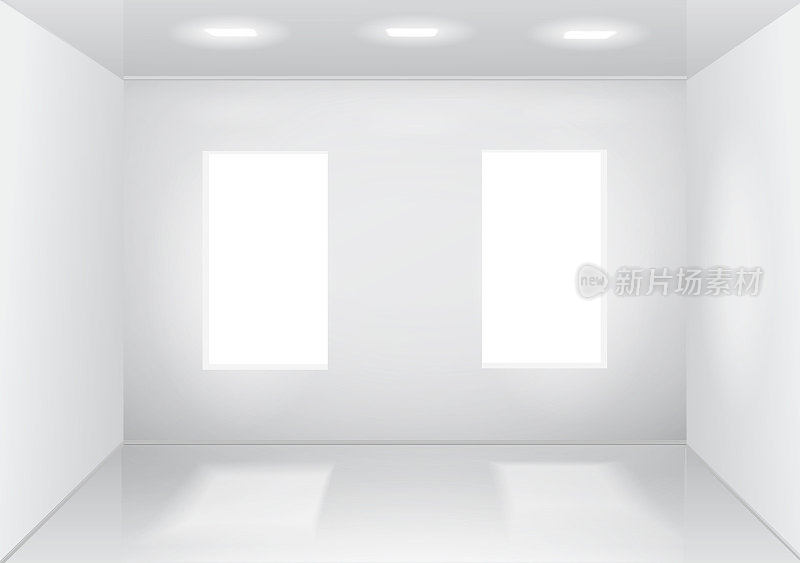 空荡荡的白色房间，有窗户。前视图矢量插图