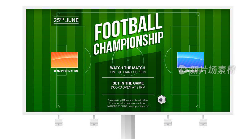 足球，欧洲足球锦标赛的水平广告牌。游戏锦标赛海报模板，准备打印设计。体育赛事设计的横幅，剥皮，传单。三维演示