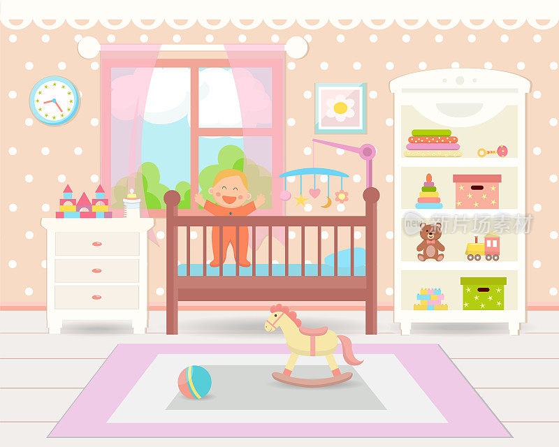 婴儿房间内部。有玩具、婴儿床、扶手椅和小地毯的婴儿房
