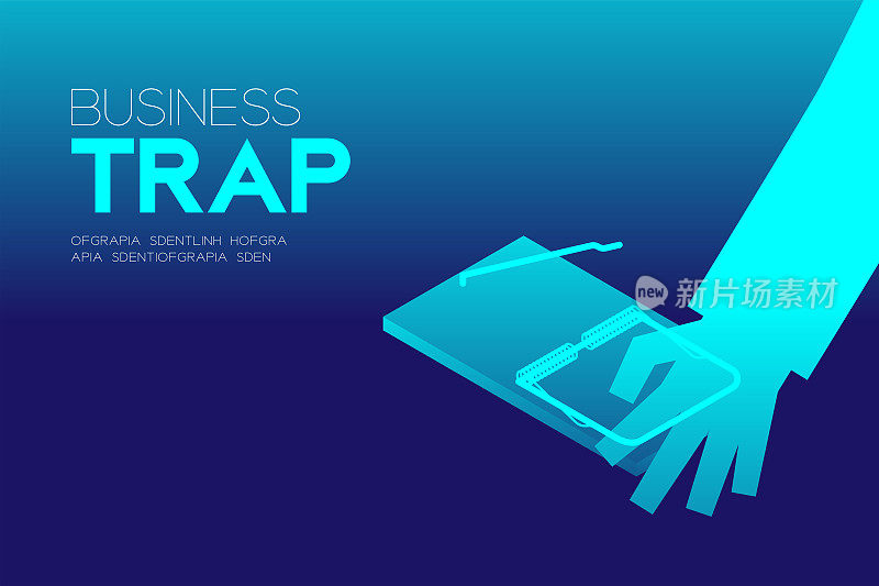 商业陷阱设计水平设置，商人被捕鼠器的概念概念插图孤立在蓝色梯度背景，和商业陷阱文本与复制空间