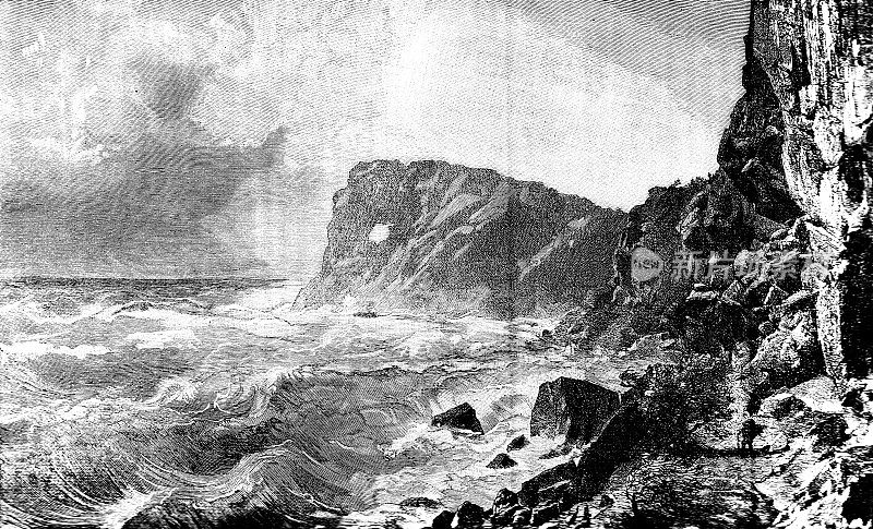 马略卡岛维多利亚时代的版画，19世纪的海岸风景和旅游业;悬崖，波涛汹涌的大海和人，1890。