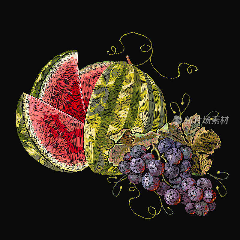 刺绣葡萄和西瓜。美丽的经典刺绣热带水果，西瓜和葡萄夏季无缝图案