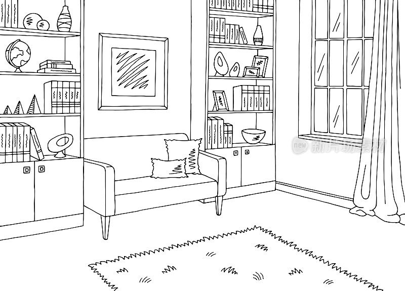 客厅图形黑白室内草图插图矢量