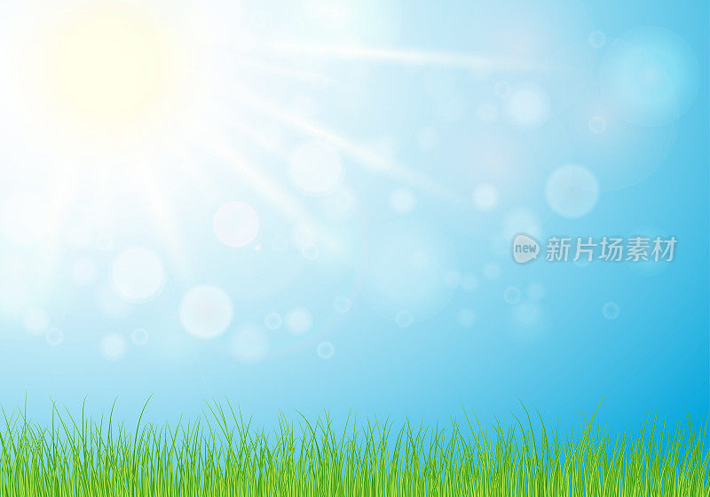 阳光明媚的日子，春天或夏天以青草为自然背景，阳光照射在蓝天上为背景。插图。每股收益10。
