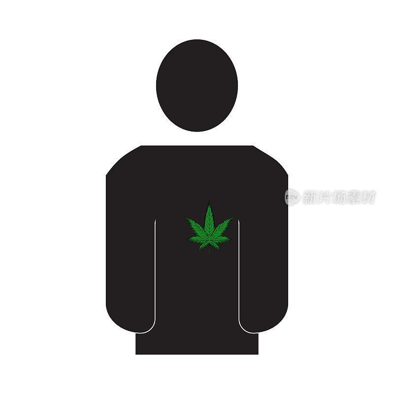 一个拿着麻叶而不是心脏的男人的图标。大麻的依赖。矢量图