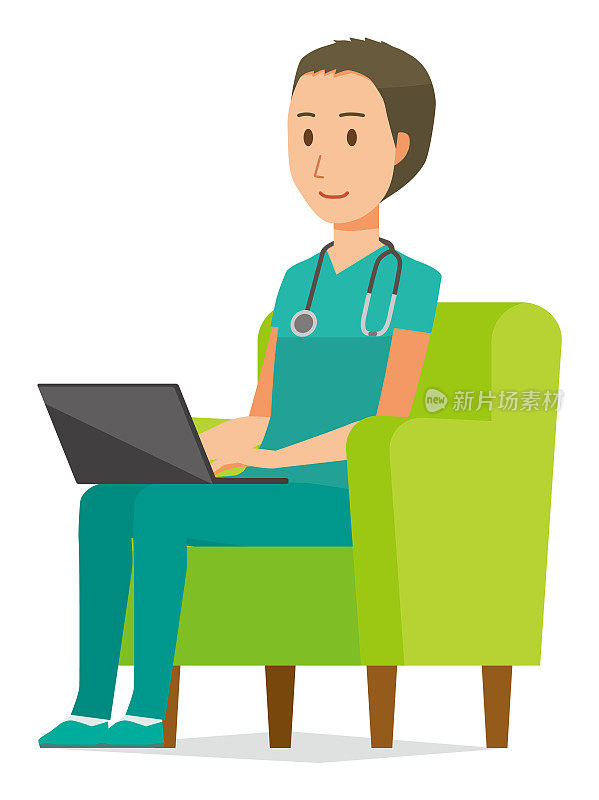 一位男医生穿着绿色的磨砂衣，坐在沙发上操作一台笔记本电脑