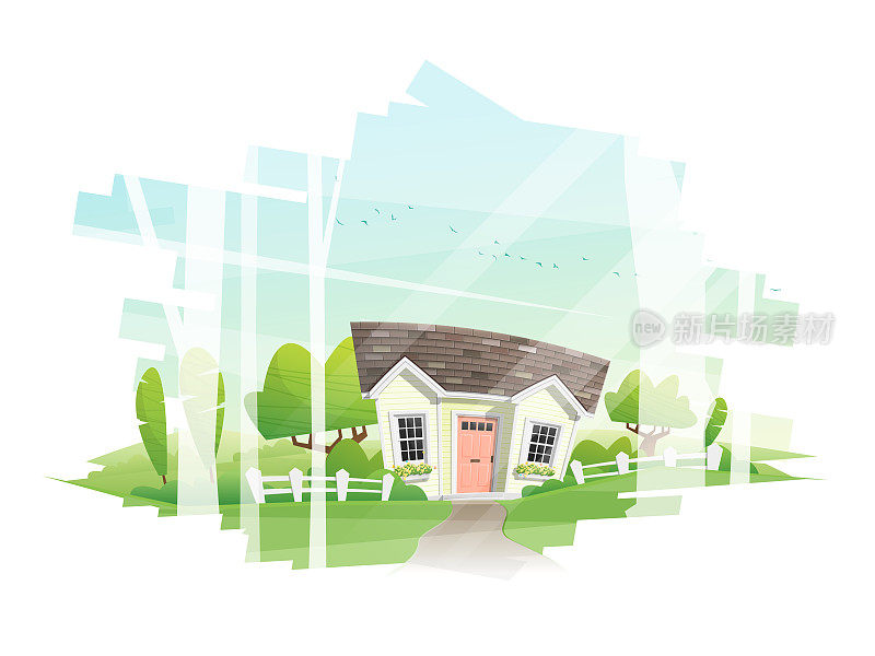 美丽的乡村景观和一个小房子的背景，矢量，插图