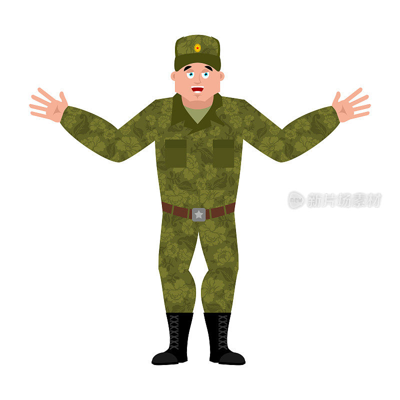 俄罗斯士兵快乐。战士快乐。快乐的俄罗斯军队。2月23日的插图。保卫祖国日。俄罗斯联邦的军旅假期