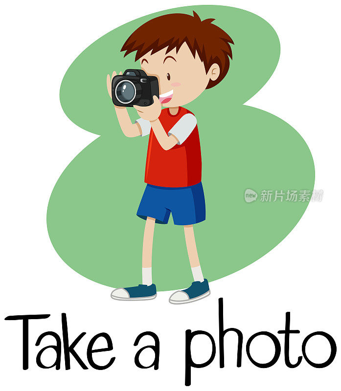 拍照单词卡与男孩拍照与相机