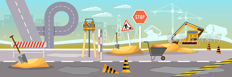 道路建设和道路维修矢量旗帜。在城里修理是很贵的。道路工程建设和维修要素向量
