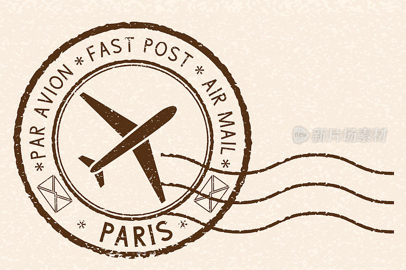 邮政邮票，圆棕色邮戳，带有飞机图标。法国巴黎