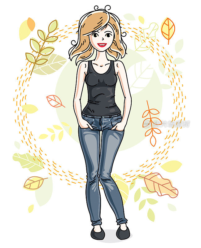 迷人的年轻金发女子站在秋天的风景和穿着时尚的休闲衣服的背景。矢量插图。