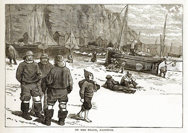 英国黑斯廷斯海滩上的渔民维多利亚版画