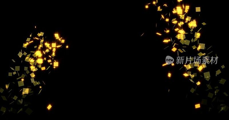 金色的五彩纸屑在黑色的新年背景上爆炸。无缝循环动画3D渲染，4K和alpha蒙版