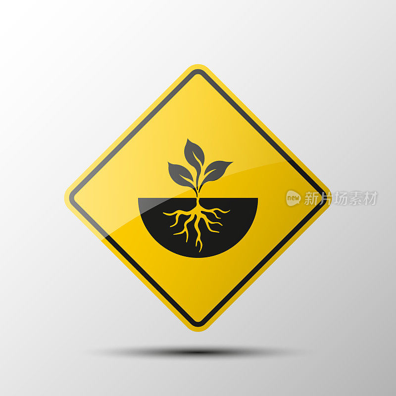 黄色钻石道路标志与黑色边界和一个形象生态图标在白色背景。插图。象芽与根的芽。嫩芽象征