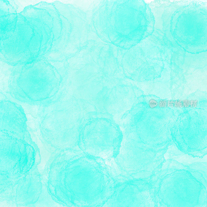 绿松石蓝色颜料溅出水滴的颜色边界。水彩笔触设计元素。蓝绿色手绘抽象纹理。